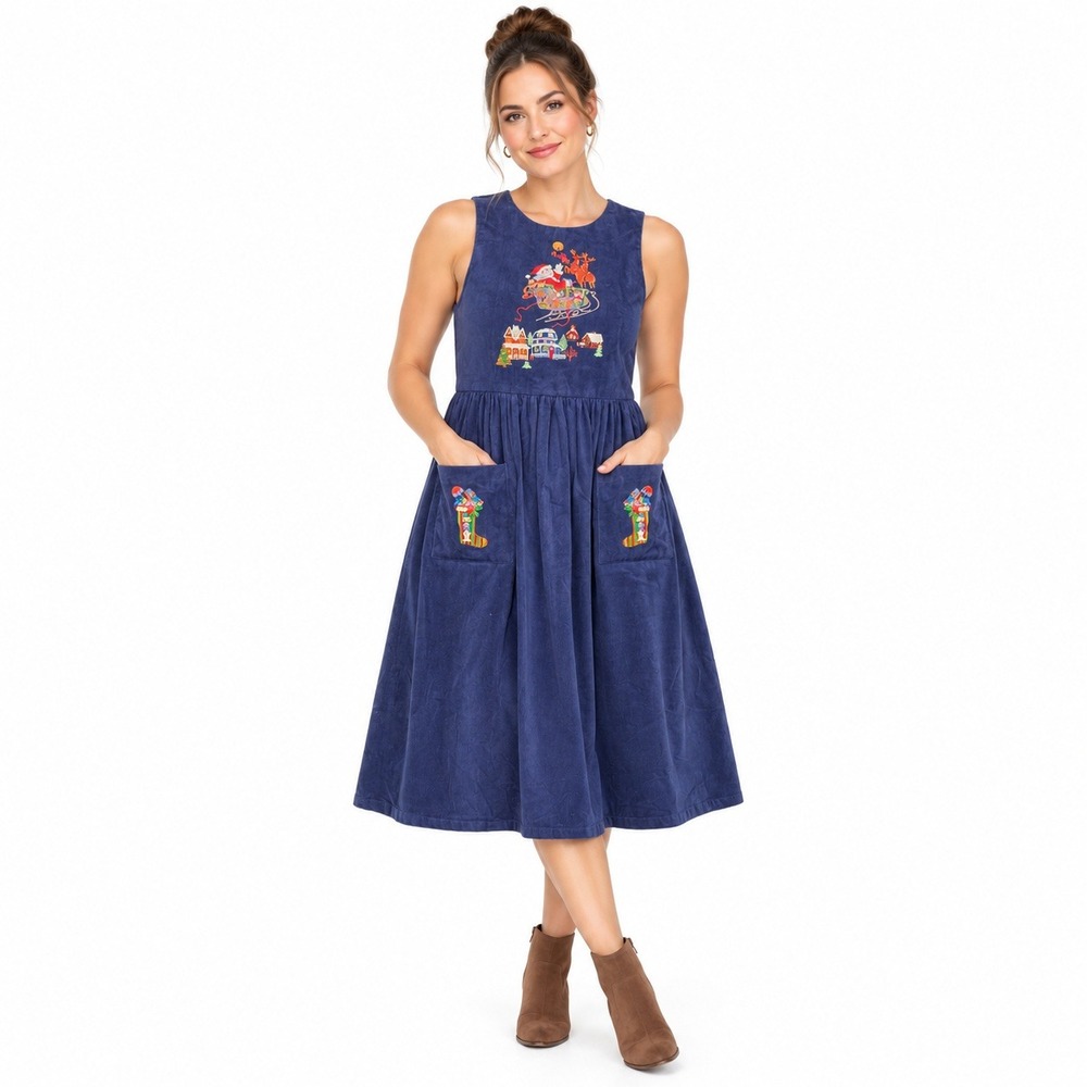 Casey Coleman Jumper Women S Navy Blue Corduroy Santa Embroidered Holiday Dress
